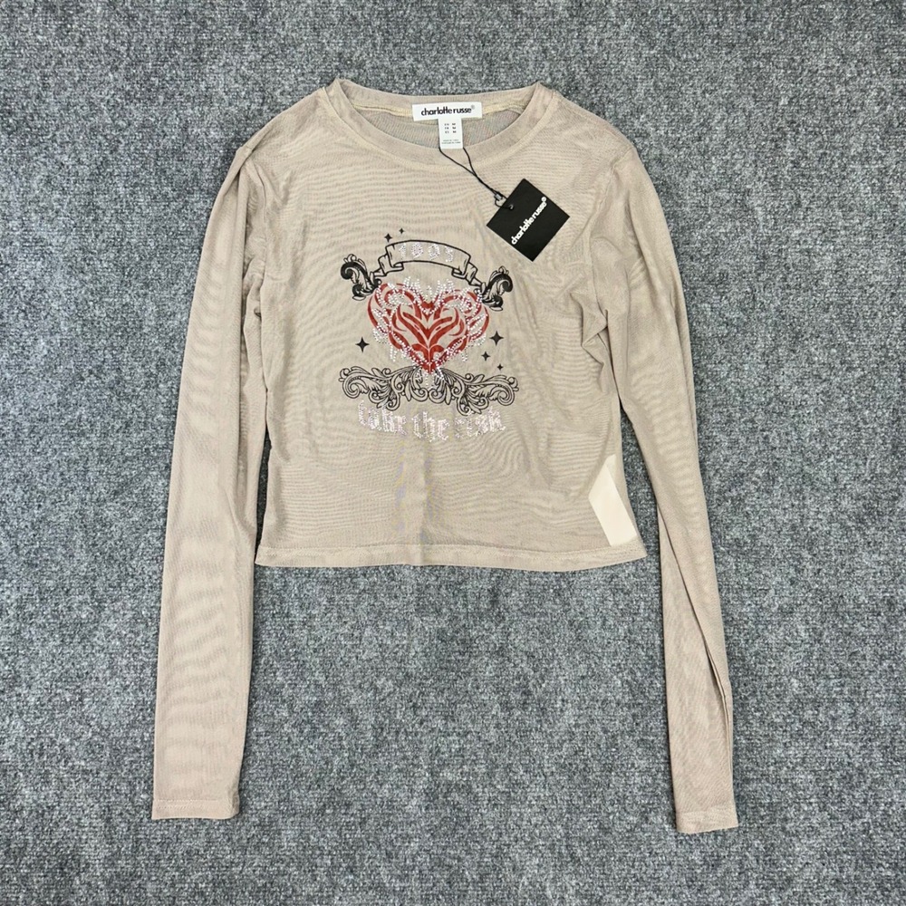 Charlotte Russe NWT Mesh Graphic Crop Top Rhinestone Heart Taupe Long Sleeve M